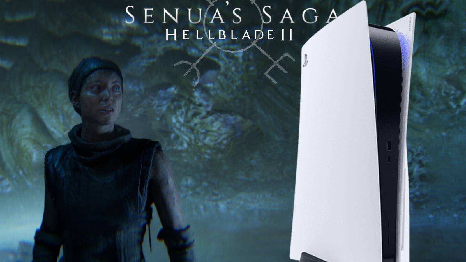 Senua's Saga Hellblade 2 cave screenshot with PS5 and game logo edit