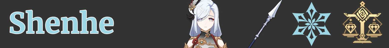 a narrow image strip with icons representing shenhe's weapon, element, and region - polearm cryo liyue - genshin impact