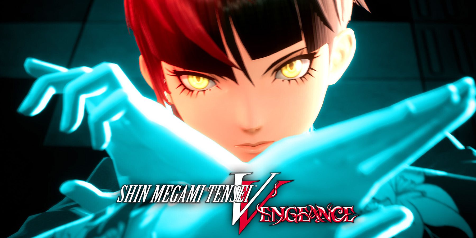 Shin Megami Tensei 5 SMT5 Vengeance Nahobino crossed hands with selective blue color filter and game logo