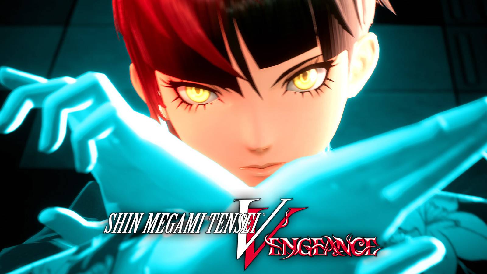 Shin Megami Tensei 5 SMT5 Vengeance Nahobino crossed hands with selective blue color filter and game logo