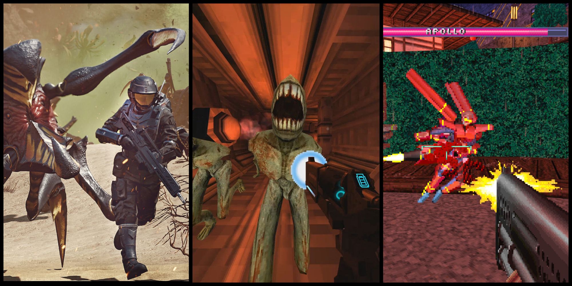 Screenshots from Starship Troopers Extermination, Ultrakill, and Beyond Sunset