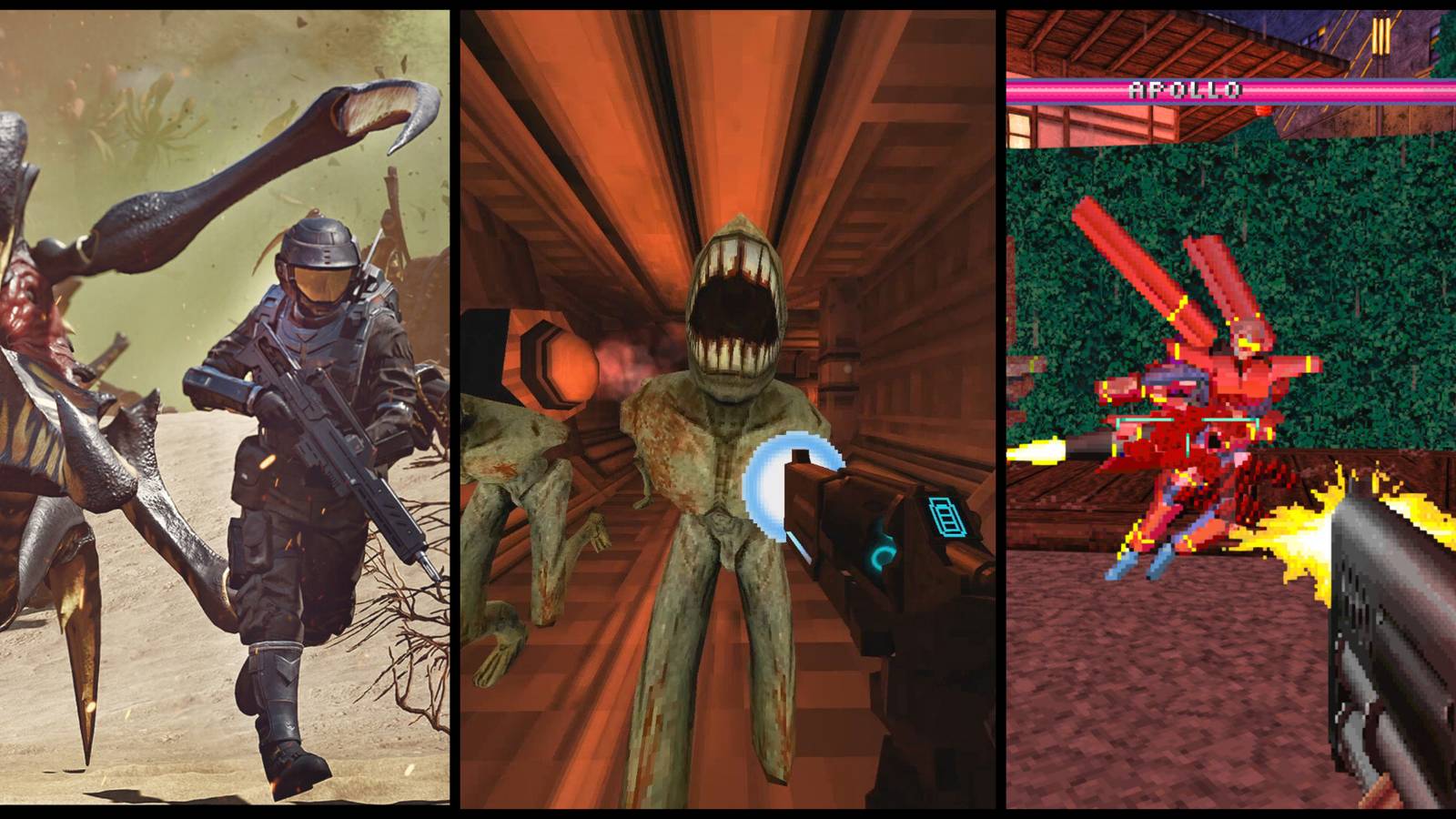 Screenshots from Starship Troopers Extermination, Ultrakill, and Beyond Sunset
