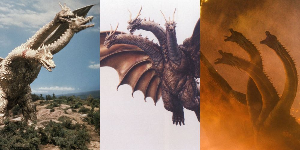 Showa King Ghidorah, Rebirth of Mothra King Ghidorah and Monsterverse King Ghidorah.