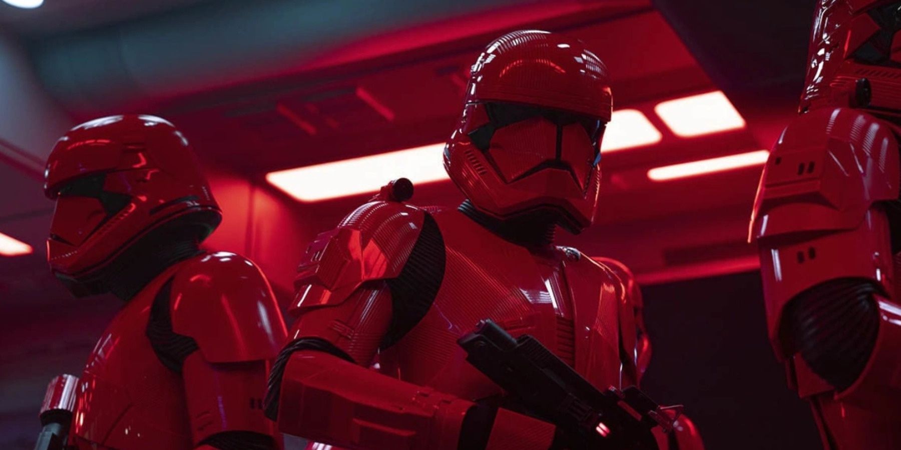 Sith Troopers, Stormtroopers in red armor, stand at the ready