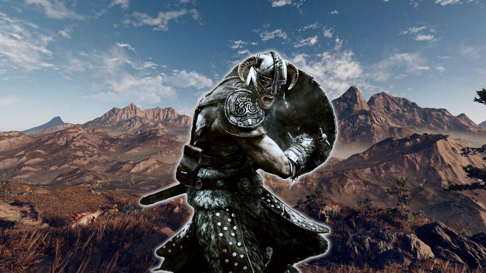 Skyrim Dragonborn over Starfield landscape screenshot