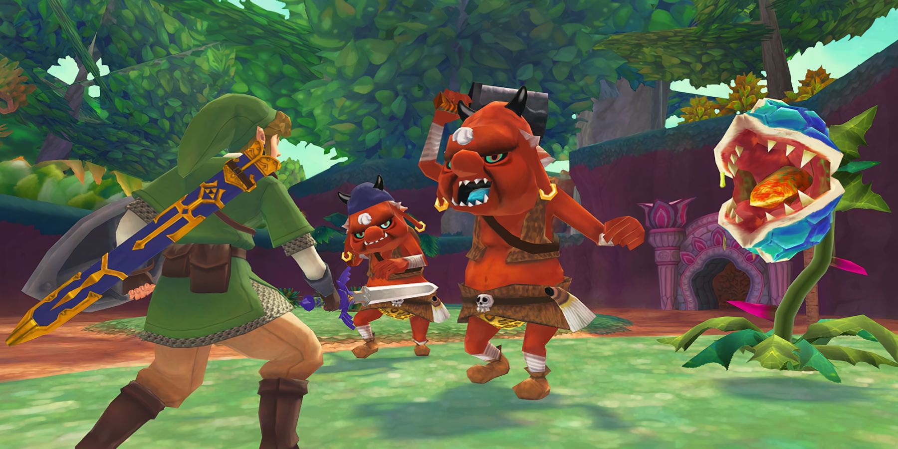 A screenshot from Zelda: Skyward Sword showing Link fighting Bokoblins and a Deku Baba.