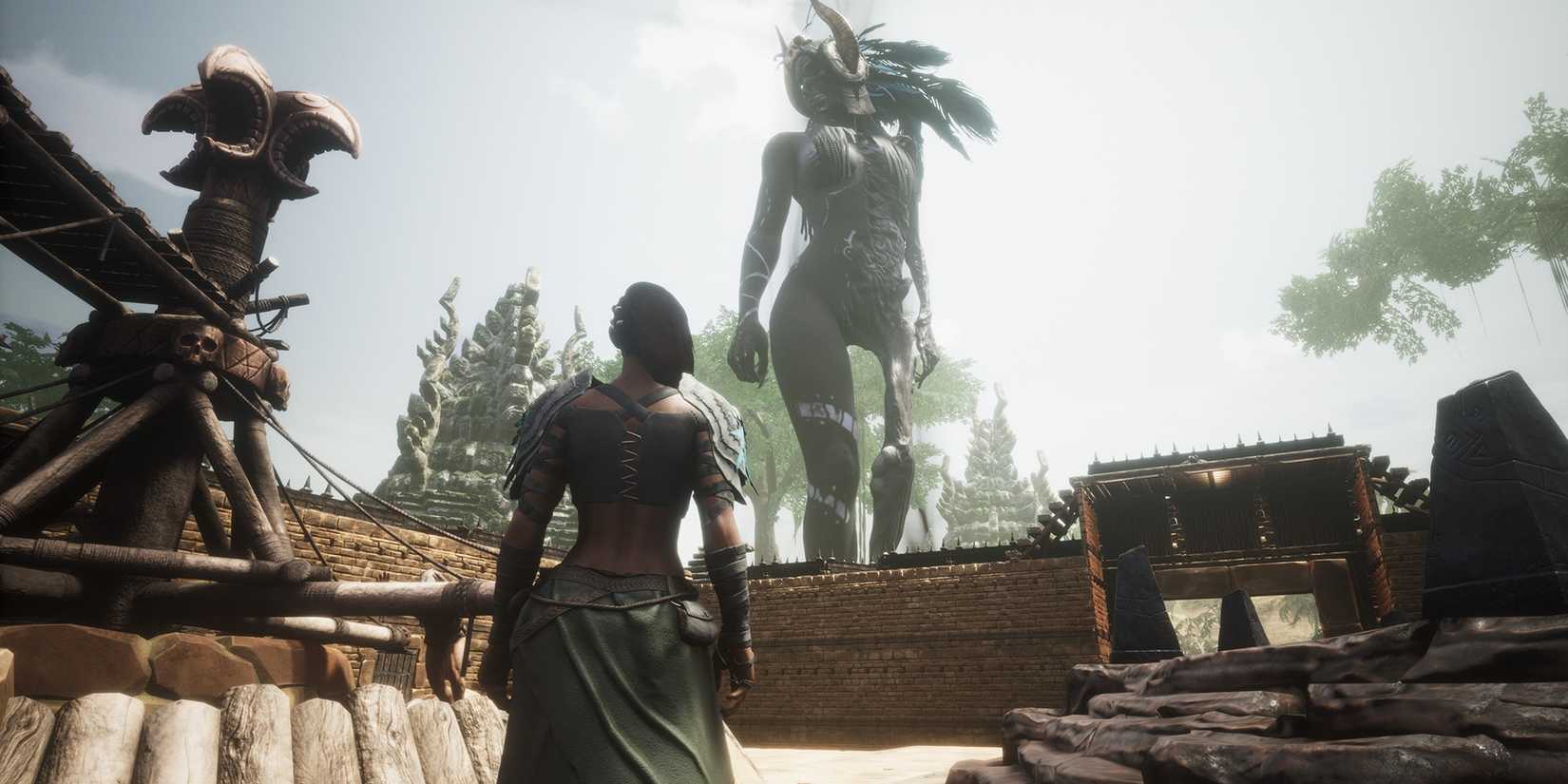 A character staring at a giant humanoid creature in Conan Exiles