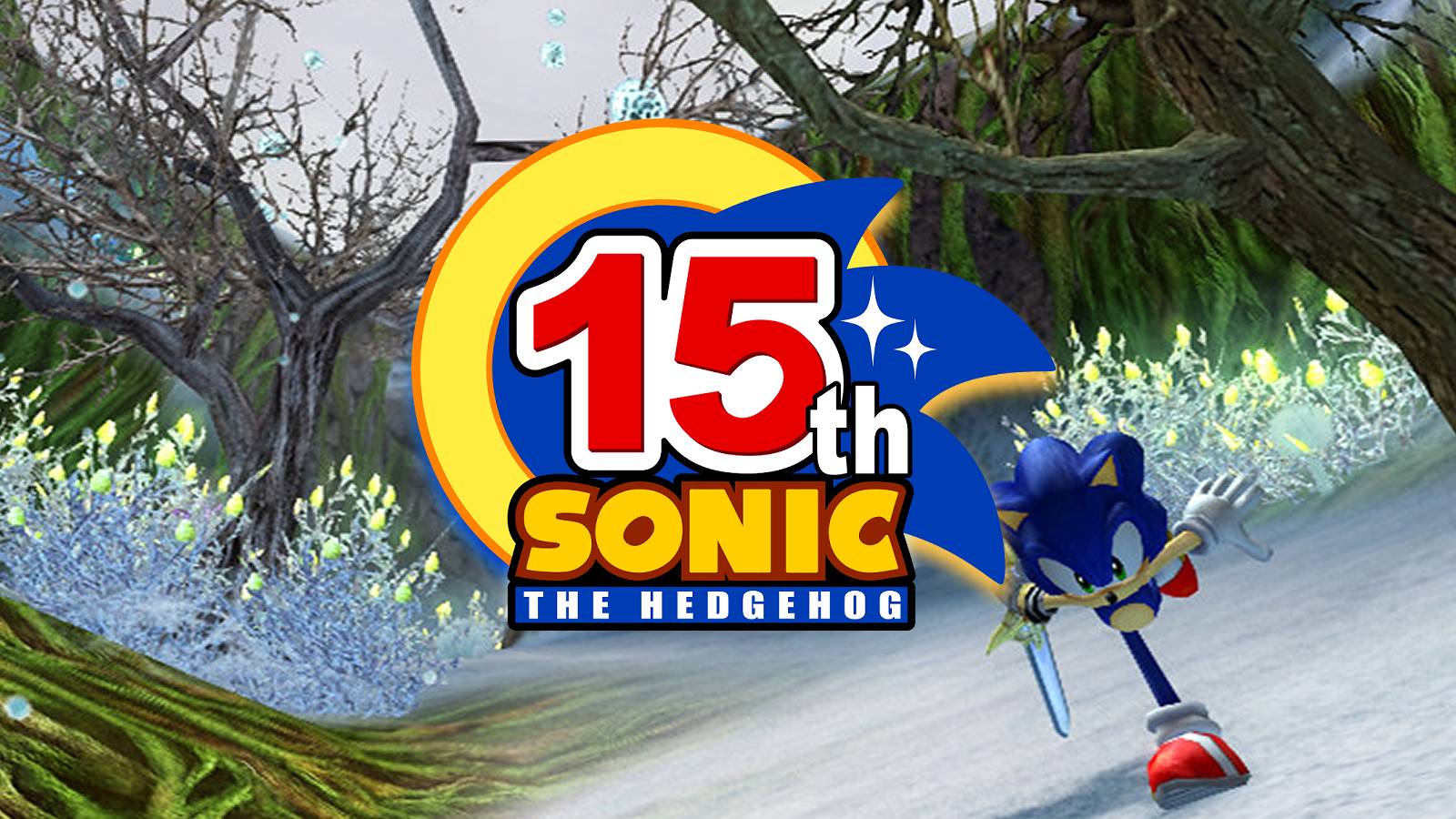 Sonic and the Black Knight screenshot of Sonic running with a 15th anniversary logo