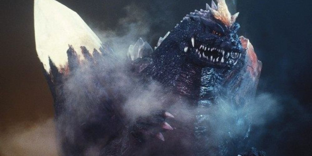 SpaceGodzilla stares menacingly at Godzilla.