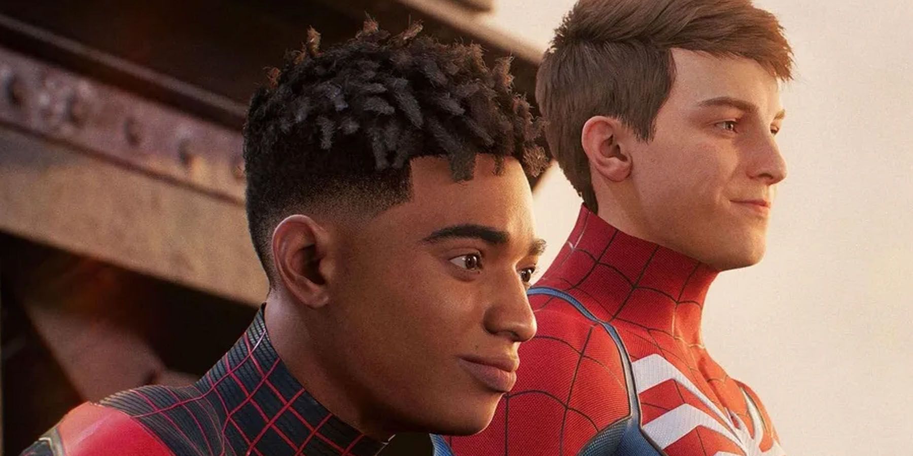 A screenshot of an unmasked Peter Parker and Miles Morales in Marvel's Spider-Man 2.