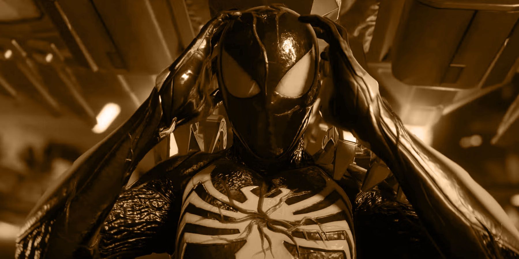 A brown-tinted screenshot of Peter Parker's Symbiote suit in Marvel's Spider-Man 2.