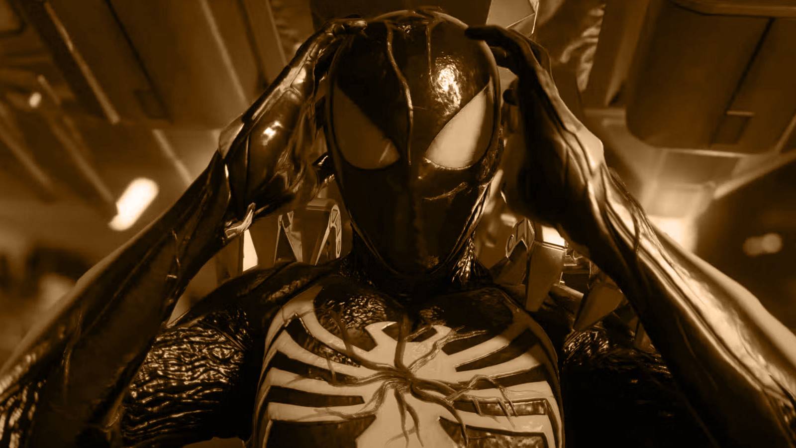 A brown-tinted screenshot of Peter Parker's Symbiote suit in Marvel's Spider-Man 2.