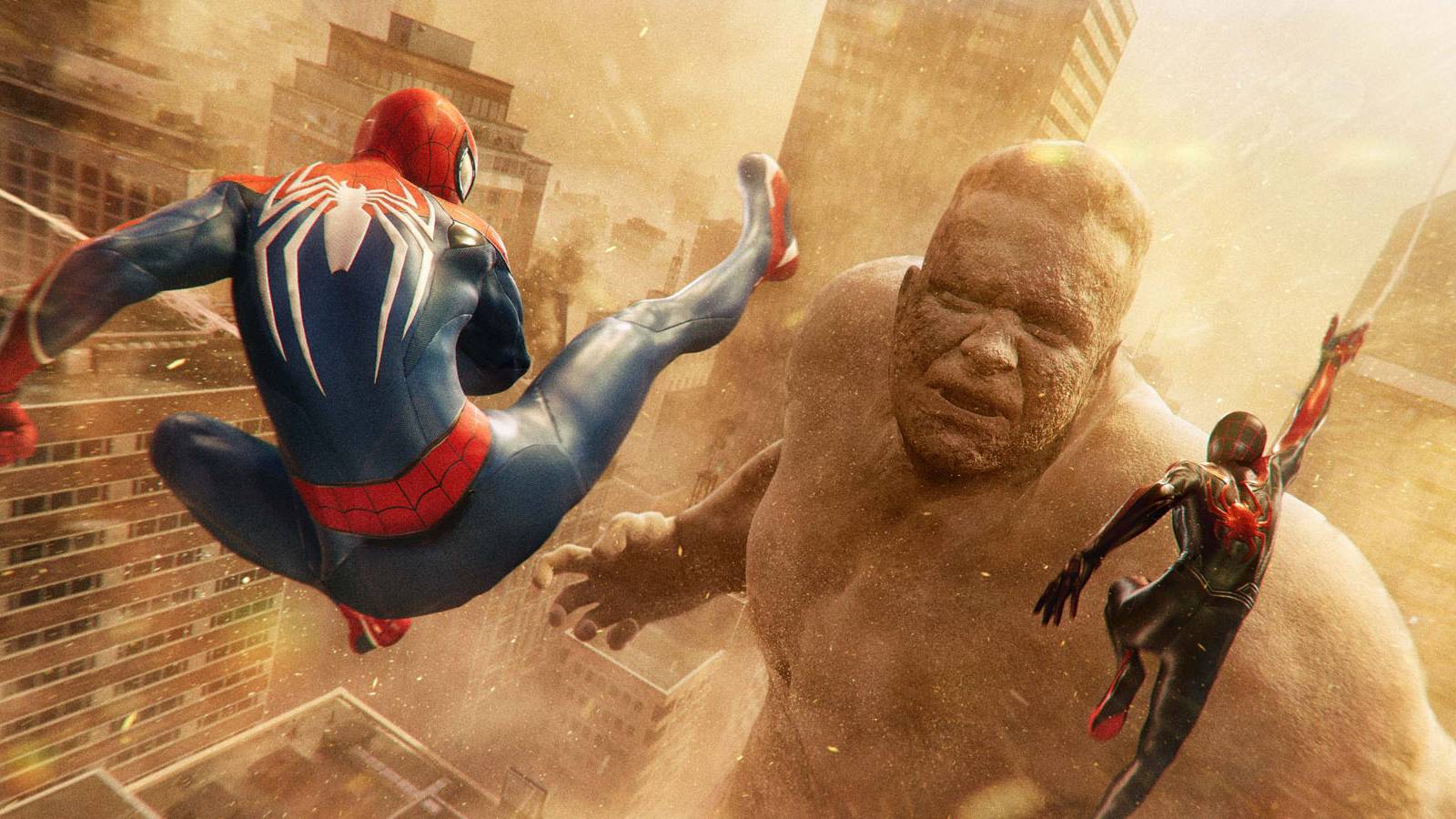 A screenshot of Peter and Miles swinging toward the Sandman in Marvel's Spider-Man 2.