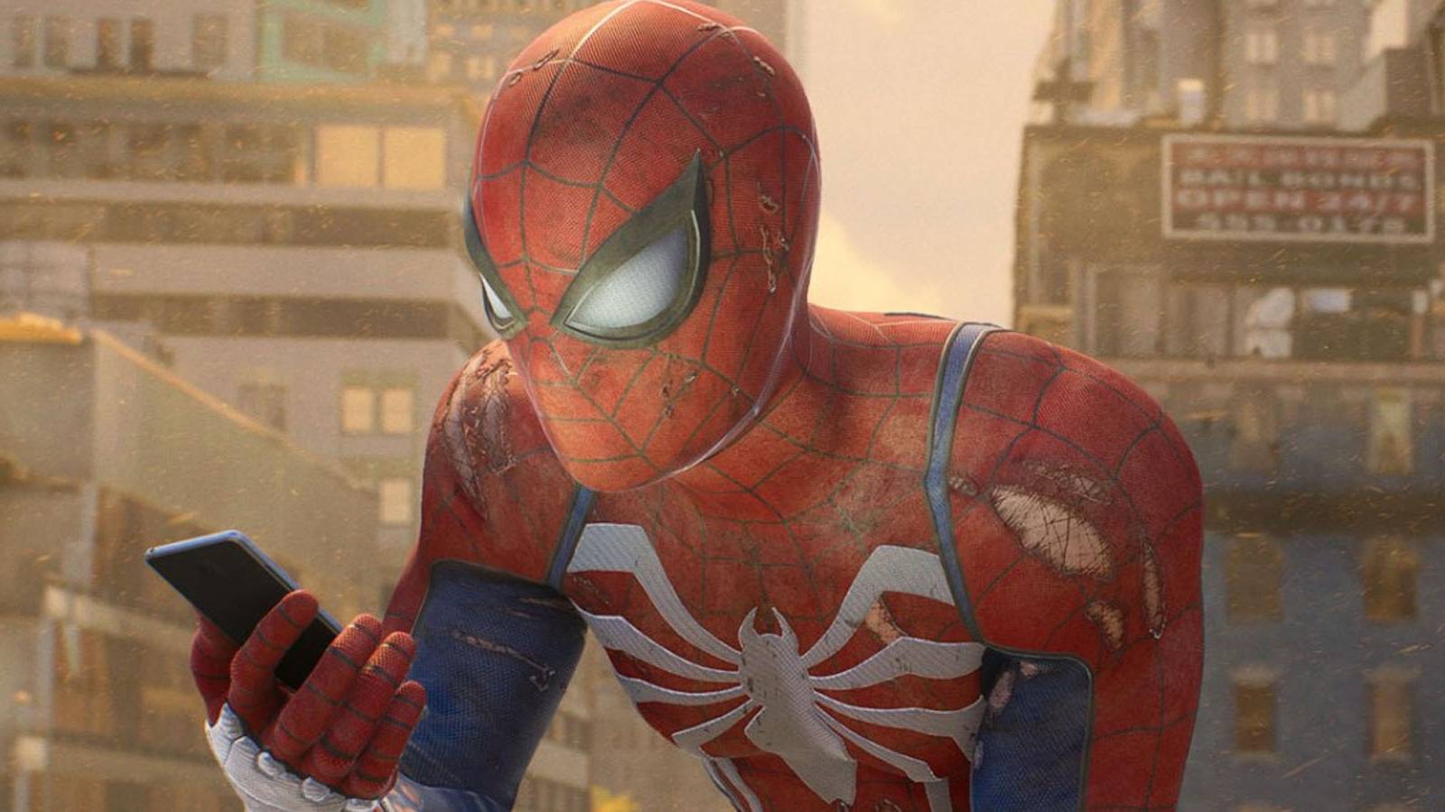 A screenshot of Peter Parker checking his phone while in costume in Marvel's Spider-Man 2.