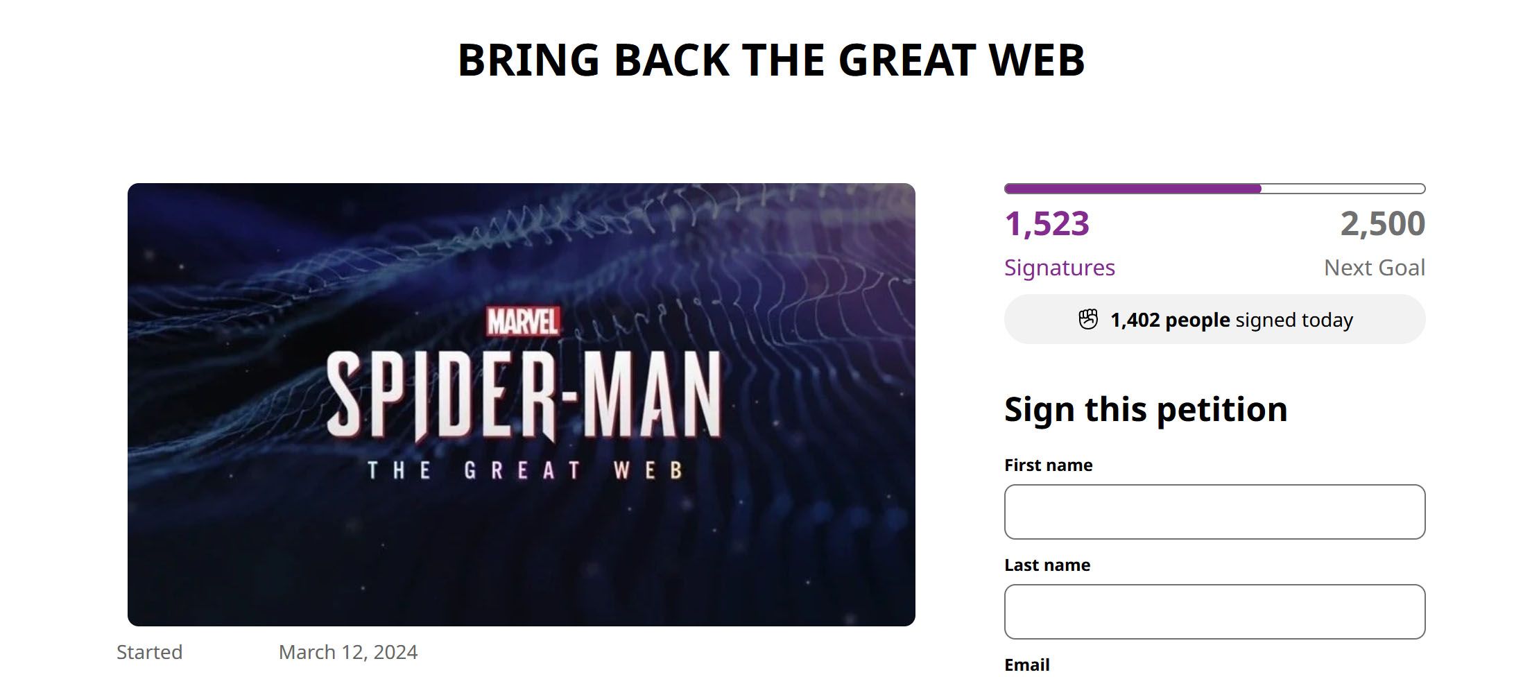 A screenshot of a petition to bring back Insomniac's canceled Spider-Man multiplayer game.