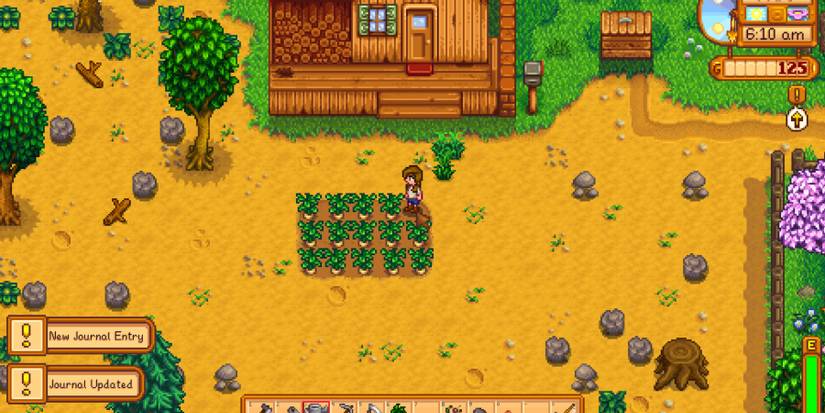 The player standing in their patch of parsnips in front of their small cabin