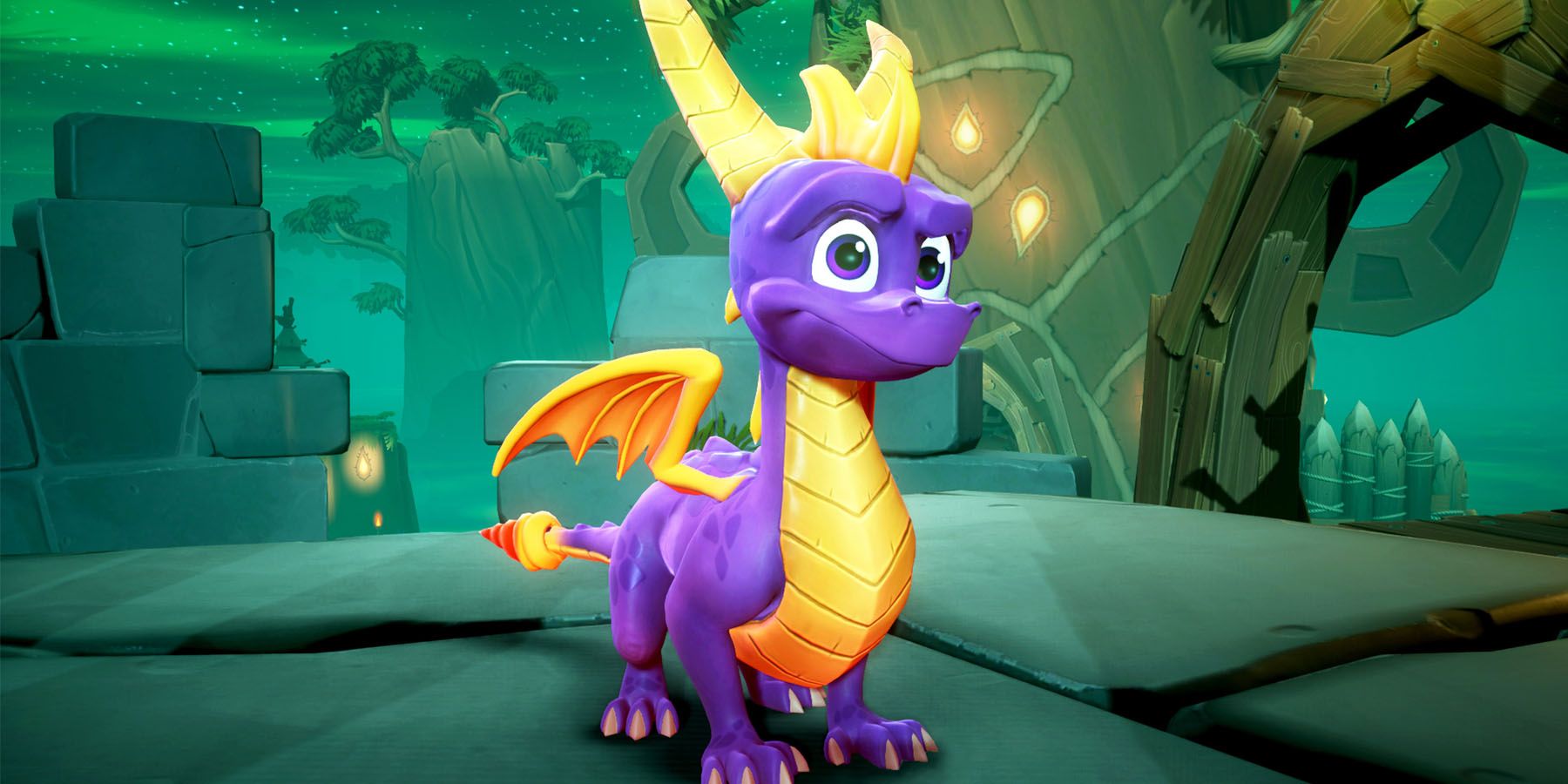 A screenshot of Spyro the Dragon standing in a green tinted castle level in the Reignited Trilogy.