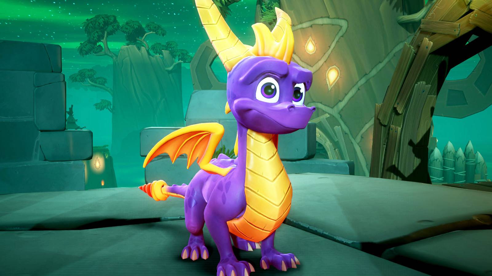 A screenshot of Spyro the Dragon standing in a green tinted castle level in the Reignited Trilogy.