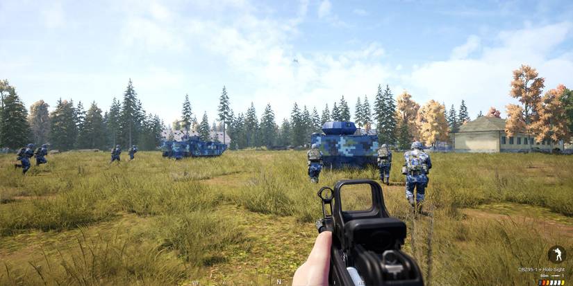 Walking through a field surrounded by an army in Squad