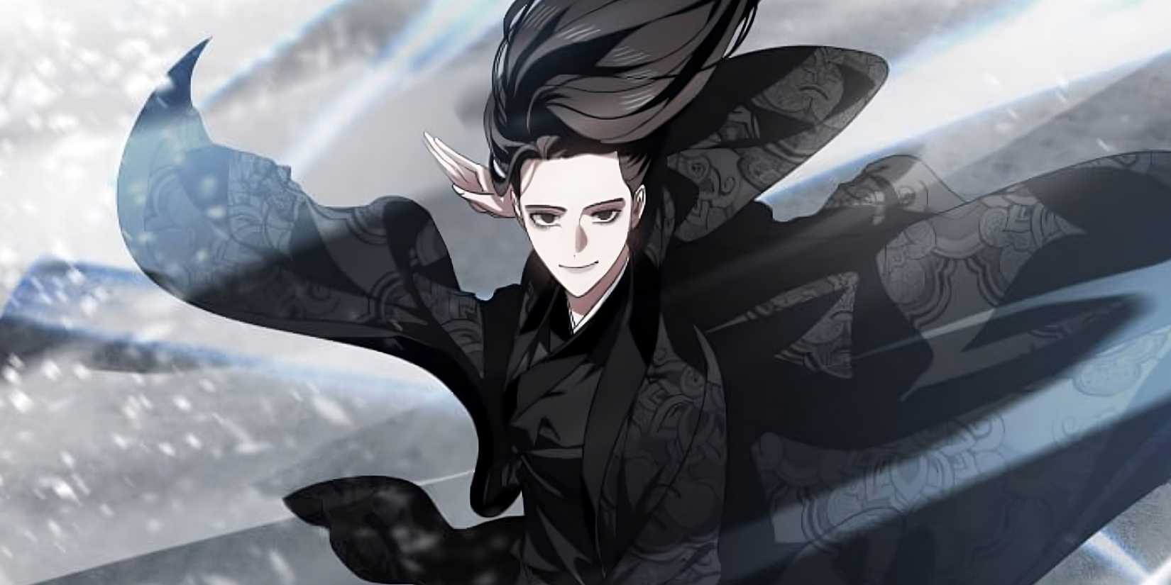 Black robed lady with fluttering hair