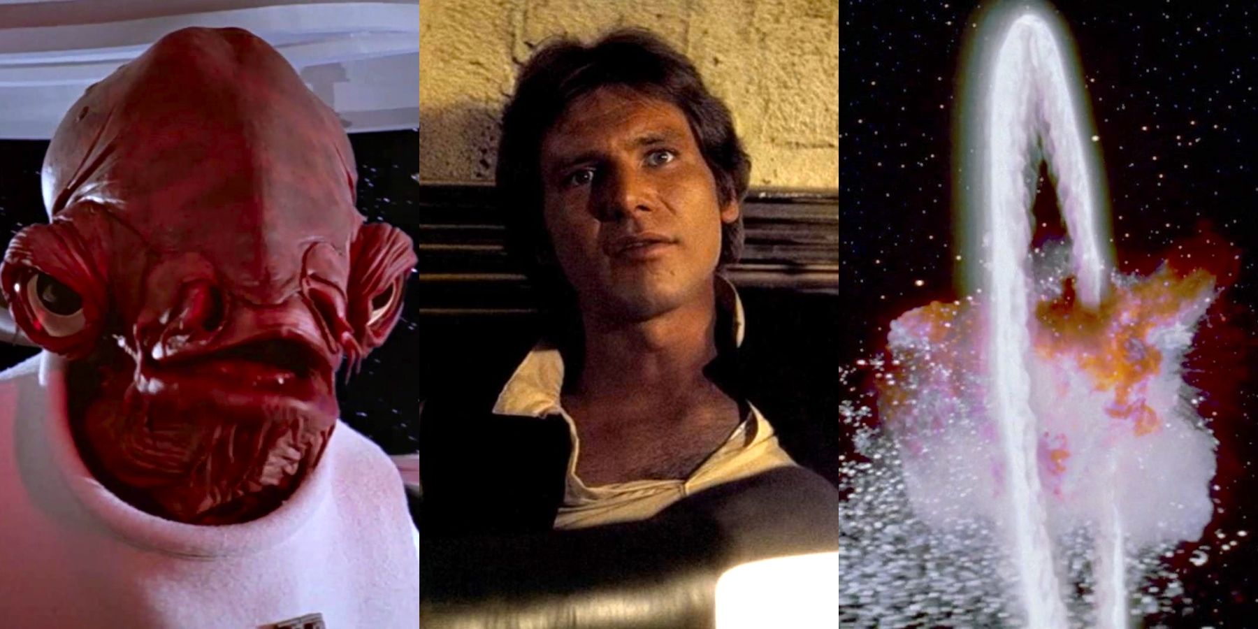Admiral Ackbar, Harrison Ford as Han Solo, and the Special Edition Death Star explosion from the Star Wars movies
