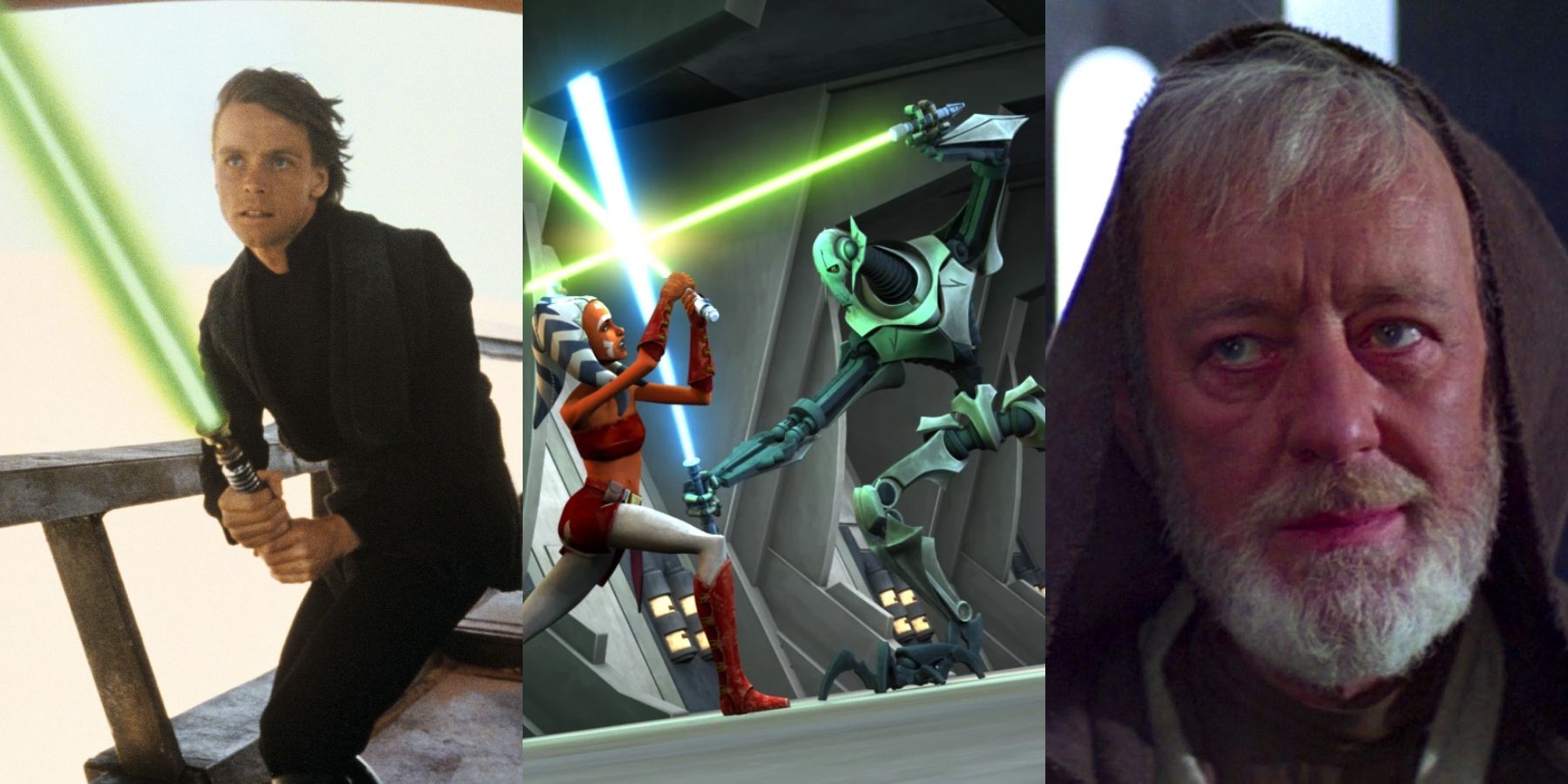 Shots of Luke Skywalker, Ahsoka Tano fighting General Grievous, and Obi-Wan Kenobi from Star Wars
