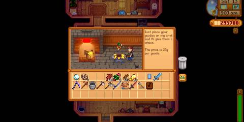 Image of the blacksmith breaking open a Golden Mystery Box in Stardew Valley