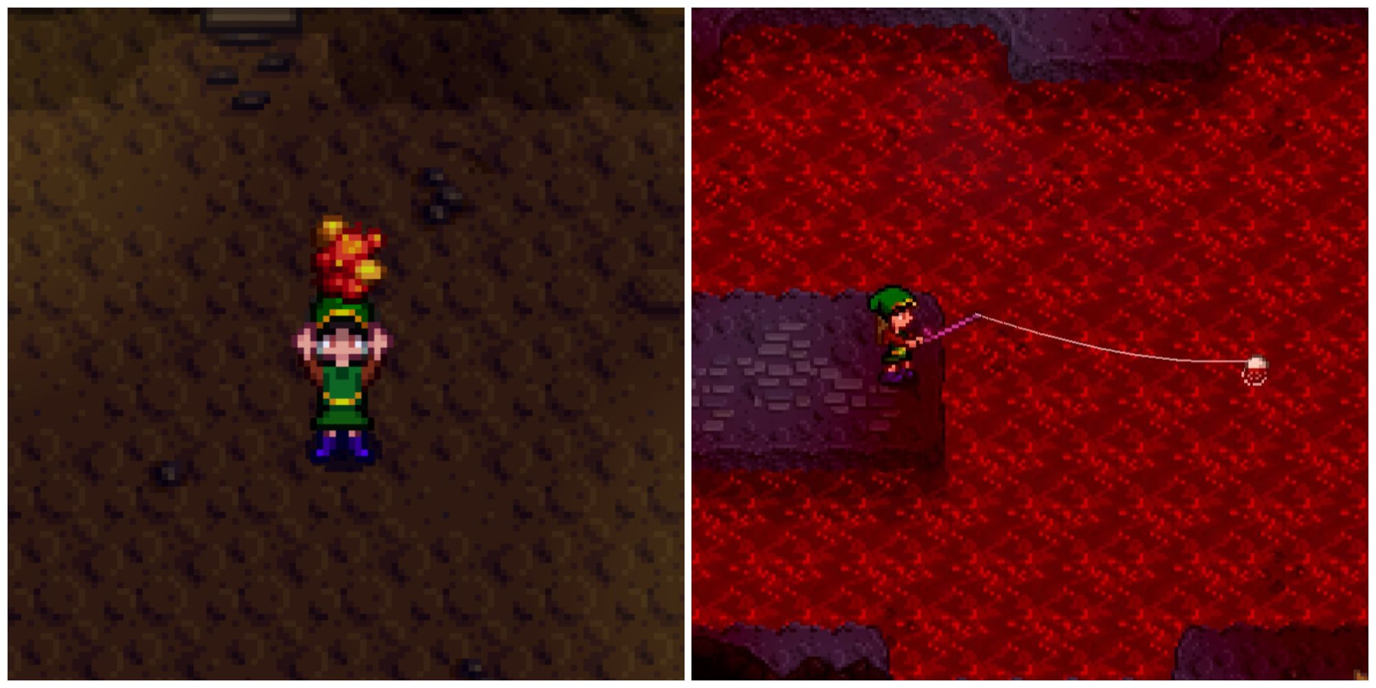 Split image of a character holding up a Cave Jelly and a character fishing in The Mines in Stardew Valley