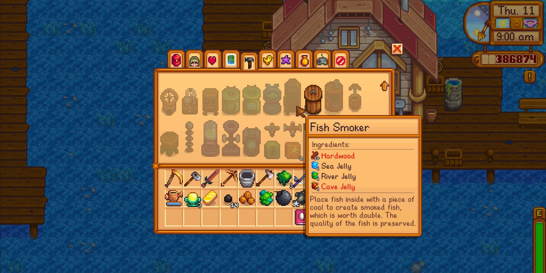 Image of the recipe to create a Fish Smoker in Stardew Valley