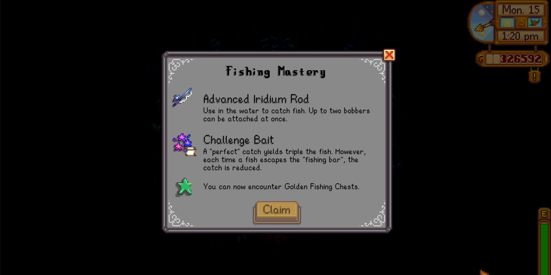 Image of the rewards received from completing the Fishing Mastery pillar in Stardew Valley
