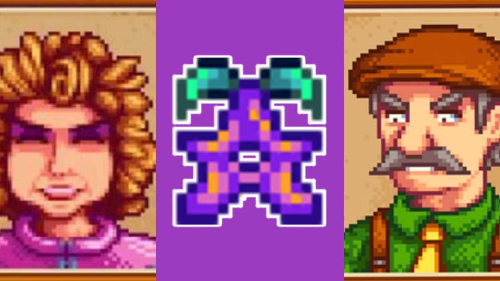 A picture of pam, a stardrop, and Lewis from Stardew Valley.