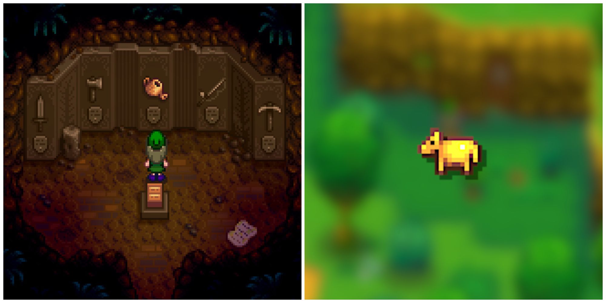 Split image of the mastery cave and a Golden Animal Cracker in Stardew Valley