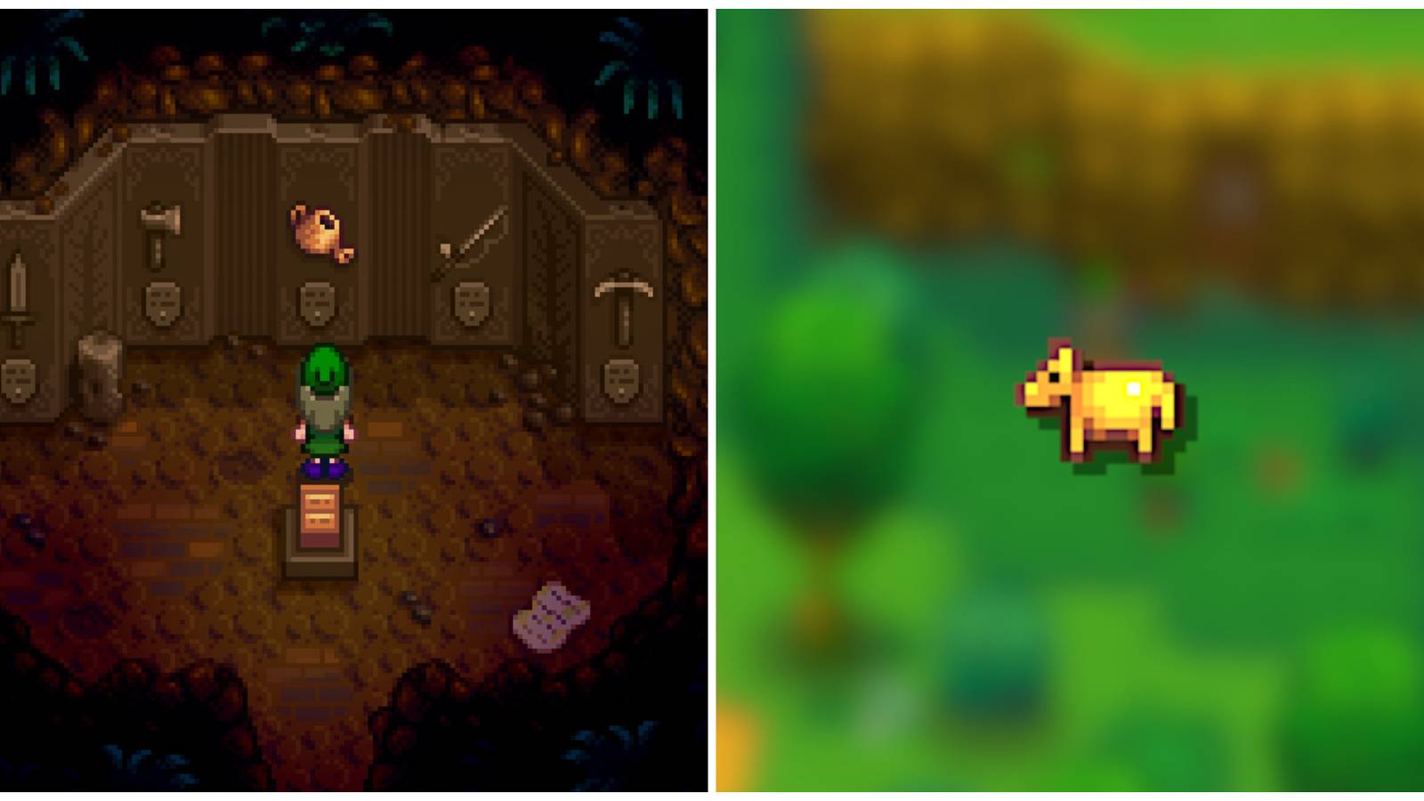 Split image of the mastery cave and a Golden Animal Cracker in Stardew Valley