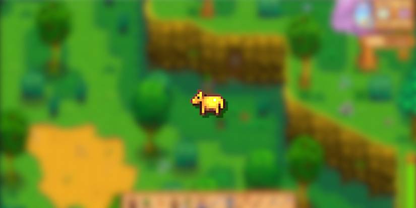 Image of a background of the Mastery Cave and a Golden Animal Cracker in the foreground from Stardew Valley