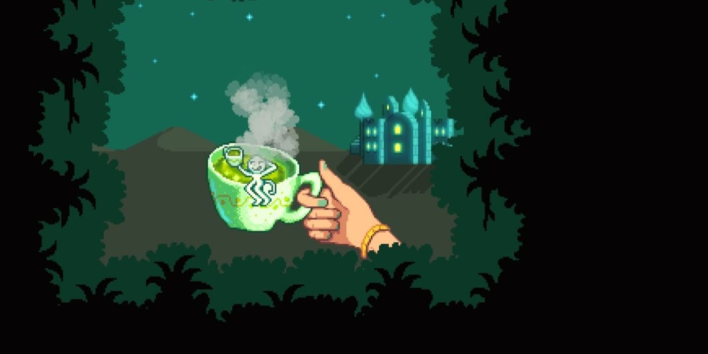 A screenshot of the Green Tea recipe animation from Stardew Valley.