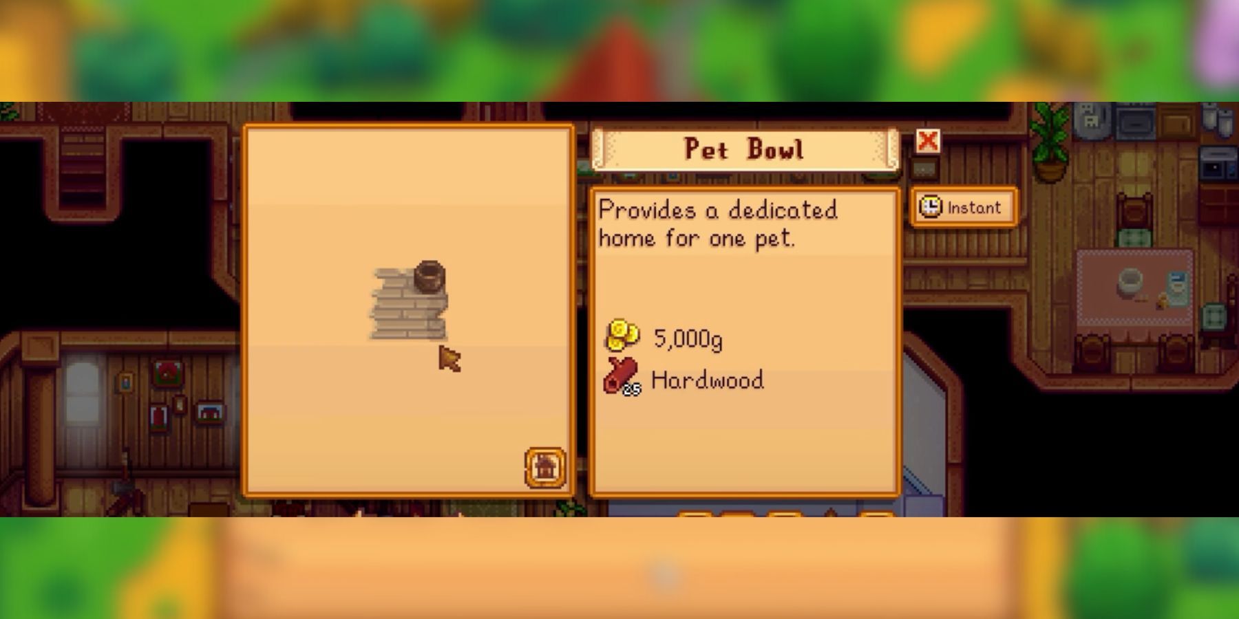 pet bowl as a farm building in robin's shop in stardew valley 1.6.