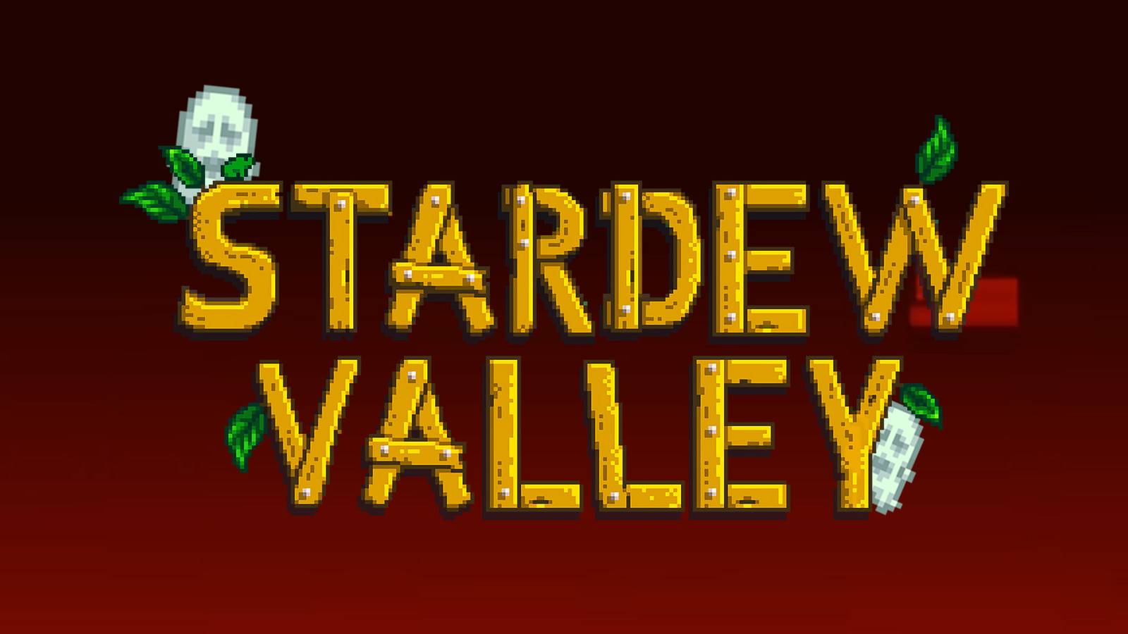 Stardew Valley logo on crimson red background with two ghosts