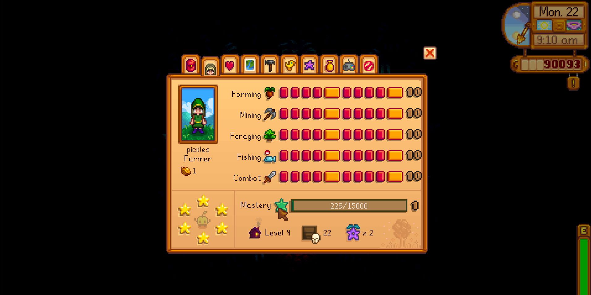 Image of the amount of mastery in the main menu of Stardew Valley