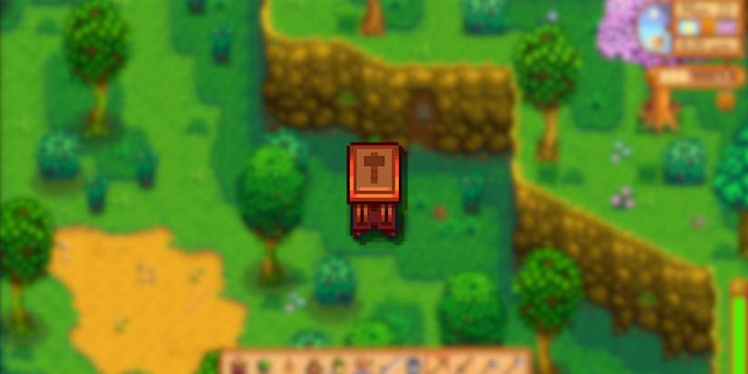 Image of the Mini-Forge in the foreground and the Mastery Cave in the background in Stardew Valley