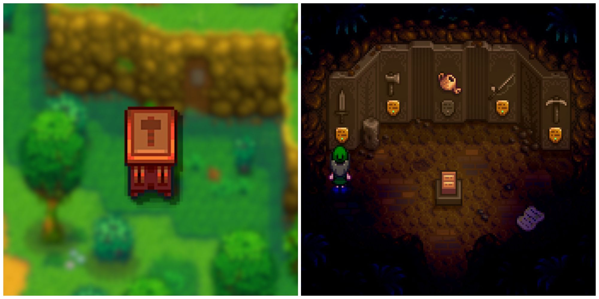 Split image of the Mini-Forge and a character visiting the Mastery Cave in Stardew Valley
