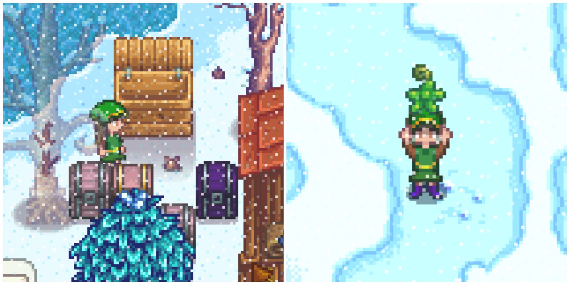 Split image of a mossy seed in the ground and a character holding a mossy seed in Stardew Valley