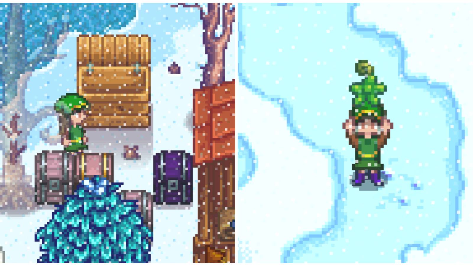 Split image of a mossy seed in the ground and a character holding a mossy seed in Stardew Valley
