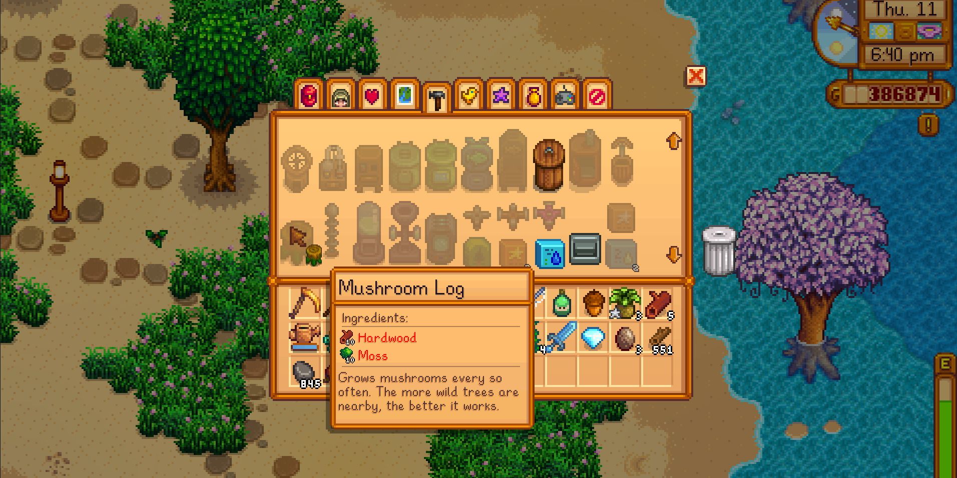 Image of the required ingredients to make a mushroom log in Stardew Valley