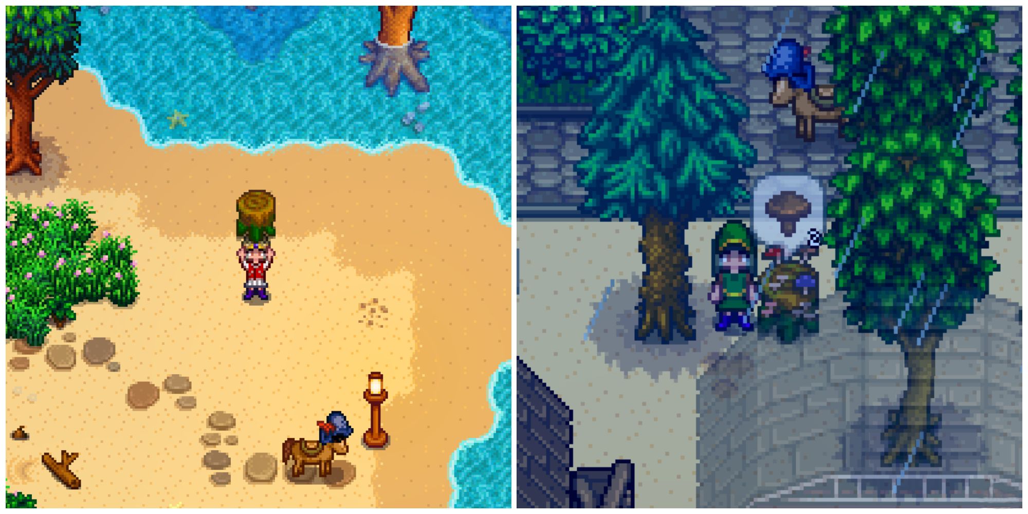 Split image of a character holding a mushroom log and a character in front of a mushroom log that produced 2 common mushrooms in Stardew Valley