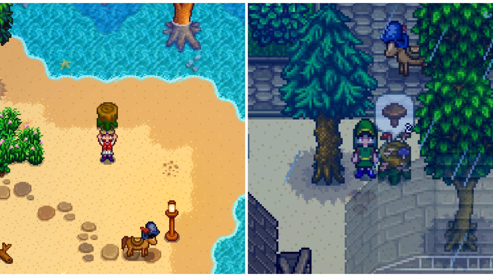 Split image of a character holding a mushroom log and a character in front of a mushroom log that produced 2 common mushrooms in Stardew Valley