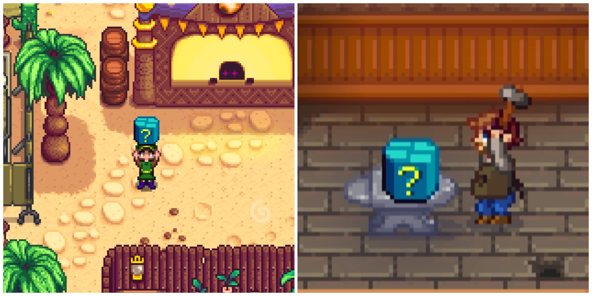 Split image of a character holding a Mystery Box and the blacksmith breaking open a Mystery Box in Stardew Valley