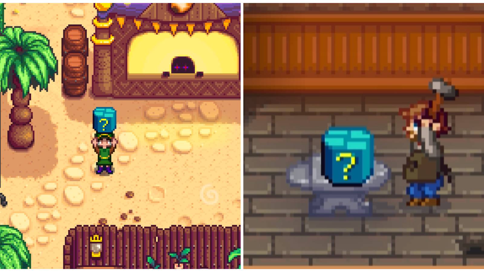 Split image of a character holding a Mystery Box and the blacksmith breaking open a Mystery Box in Stardew Valley