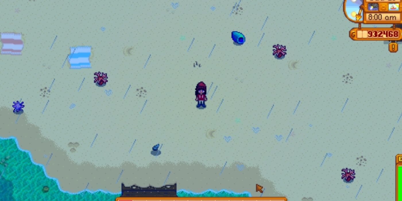 Stardew Valley player standing on a beach in the rain