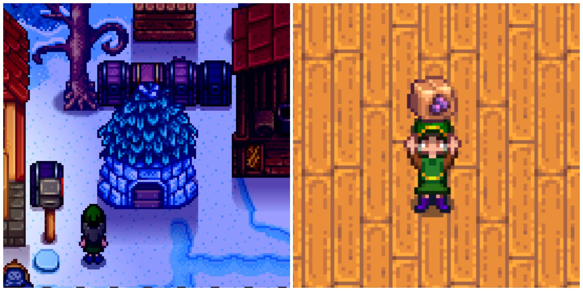 Split image of a Junimo Hut and a character holding raisins in Stardew Valley