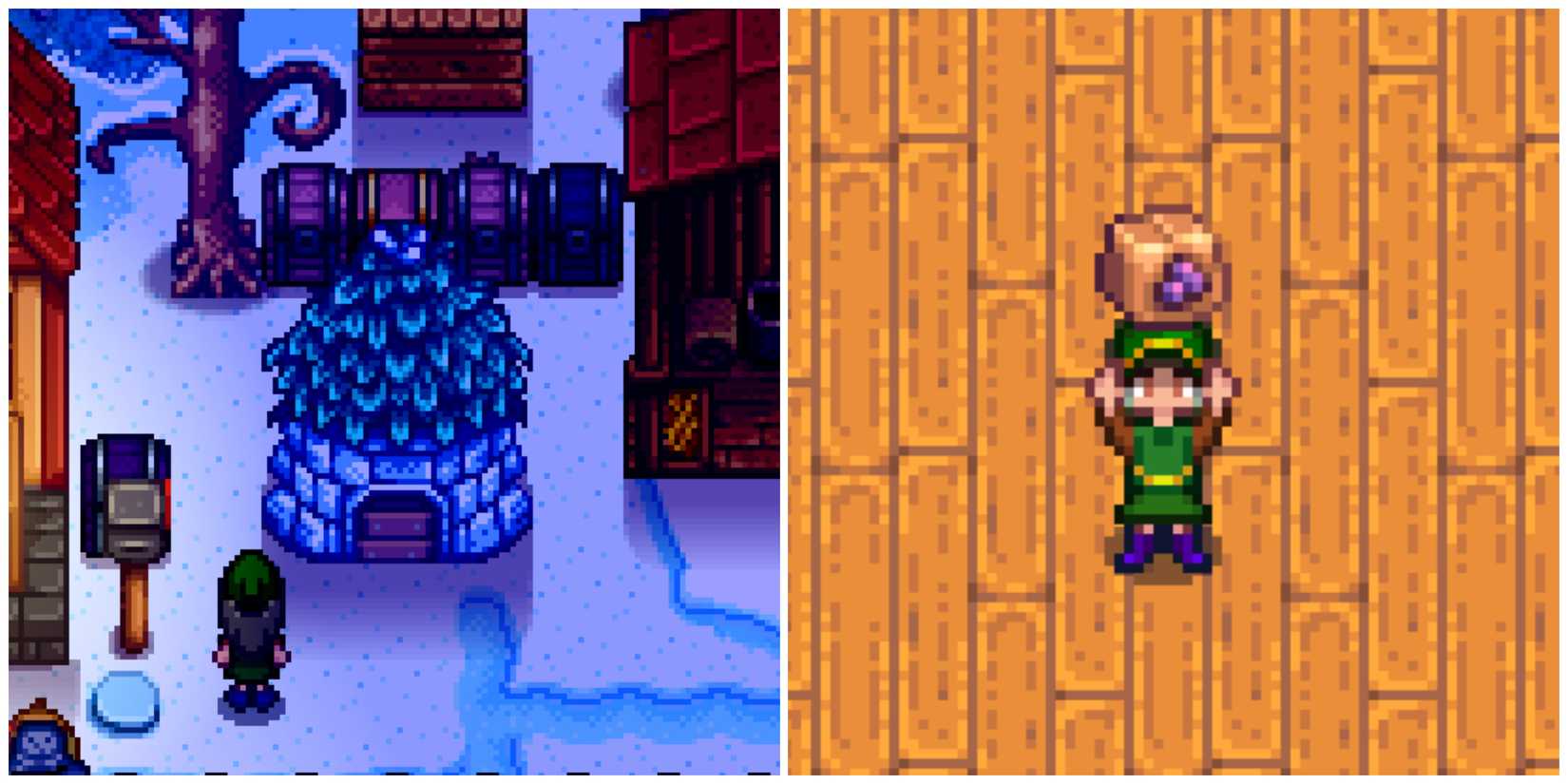 Split image of a Junimo Hut and a character holding raisins in Stardew Valley